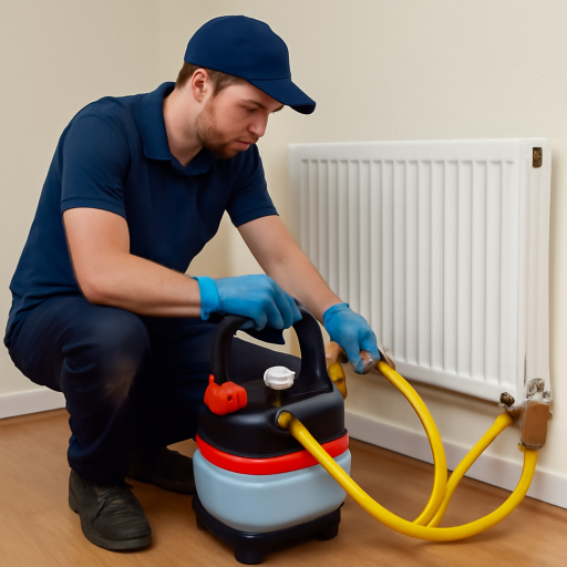 Get expert radiator powerflush for your London home Plumber powerflushing a radiator in a London home